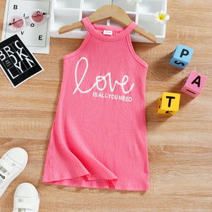 Toddler Girl Letter Print Ribbed Pink Halter Dress