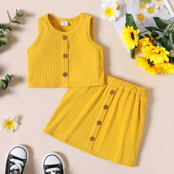 2pcs Toddler Girl Button Design Ribbed Sleeveless Yellow Tee and Skirt Set