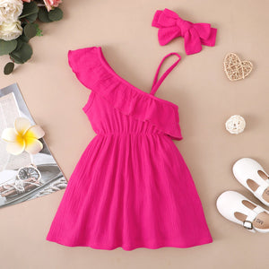 2pcs Toddler Girl 100% Cotton Solid Color Flounce One Shoulder Sleeveless Strap Dress and Headband Set