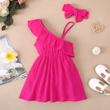 2pcs Toddler Girl 100% Cotton Solid Color Flounce One Shoulder Sleeveless Strap Dress and Headband Set