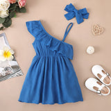 2pcs Toddler Girl 100% Cotton Solid Color Flounce One Shoulder Sleeveless Strap Dress and Headband Set