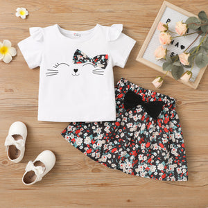 2pcs Toddler Girl Cat Print Bowknot Design Ruffled Short-sleeve White Tee and Floral Print Skirt Set