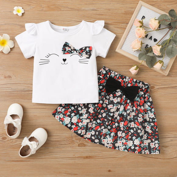 2pcs Toddler Girl Cat Print Bowknot Design Ruffled Short-sleeve White Tee and Floral Print Skirt Set