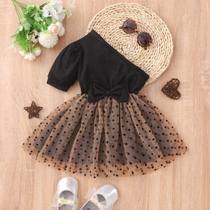 Toddler Girl One Shoulder Bowknot Design Polka dots Mesh Splice Short-sleeve Dress