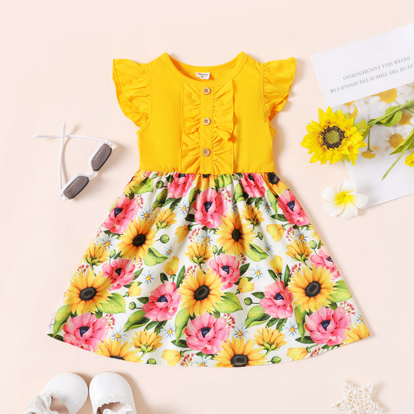 Toddler Girl Ruffled Floral Print Splice Flutter-sleeve Dress