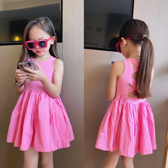 Toddler Girl Solid Color Backless Crisscross Sleeveless Dress