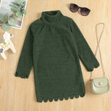 Toddler Girl Turtleneck Solid Color Scallop Trim Ribbed Long-sleeve Sweater Dress