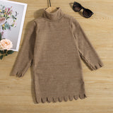 Toddler Girl Turtleneck Solid Color Scallop Trim Ribbed Long-sleeve Sweater Dress