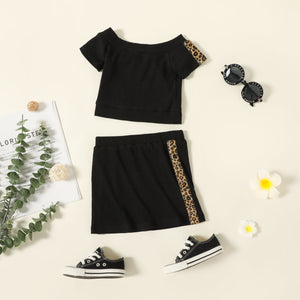 2pcs Toddler Girl Leopard Print Colorblock Off Shoulder Black Ribbed Tee and Skirt Set