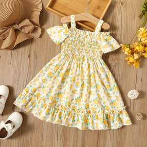 Toddler Girl Floral Print Smocked Off Shoulder Short-sleeve Strap Dress