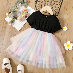 Toddler Girl Gradient Color Mesh Splice Short-sleeve Dress