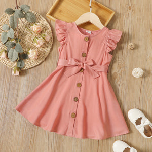 Toddler Girl Button Design Belted Flutter-sleeve Pink Dress