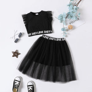 2pcs Toddler Girl Letter Print Mesh Flutter-sleeve Black Tee and Skirt Set