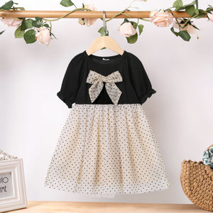 Toddler Girl Bowknot Design Polka dots Splice Mesh Short-sleeve Dress