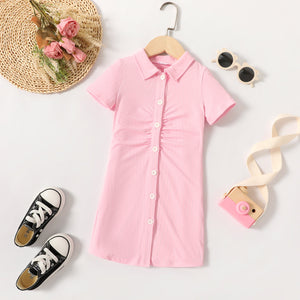 Toddler Girl Lapel Collar Button Design Ribbed Short-sleeve Pink Dress