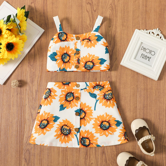 2pcs Toddler Girl Floral Print Button Design Camisole and Skirt Set