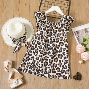 Toddler Girl 2pcs Leopard Flutter-sleeve White Dress with Hat Set