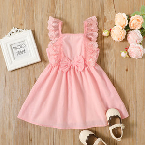 Toddler Girl 100% Cotton Ruffled Lace Design Bowknot Pink Sleeveless Dress