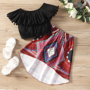 2pcs Toddler Girl Boho Flounce Pompom Design Black Tee and Exotic High Low Skirt Set