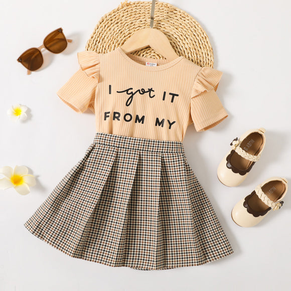 2pcs Toddler Girl Letter Print Ruffled Short-sleeve Tee and Plaid Pleated Skirt Set