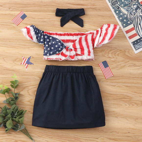 Independence Day 3pcs Toddler Girl Off Shoulder Smocked Bowknot Design Camisole & Skirt and Headband Set