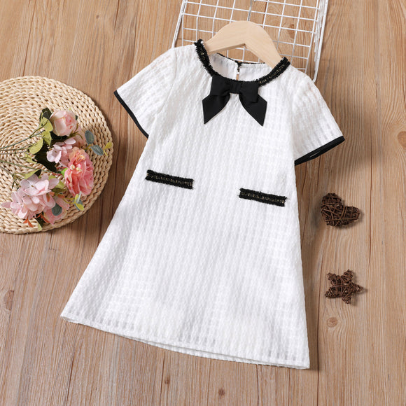 Toddler Girl Jacquard Bow Decor Short-sleeve White Dress