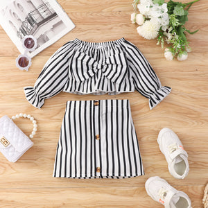 2pcs Toddler Girl Stripe Bowknot Design Long-sleeve Blouse and Button Design Skirt Set