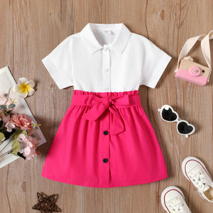 2pcs Toddler Girl Solid Lapel Collar Short-sleeve White Shirt Blouse and Solid Bow Decor Pink Skirt Set