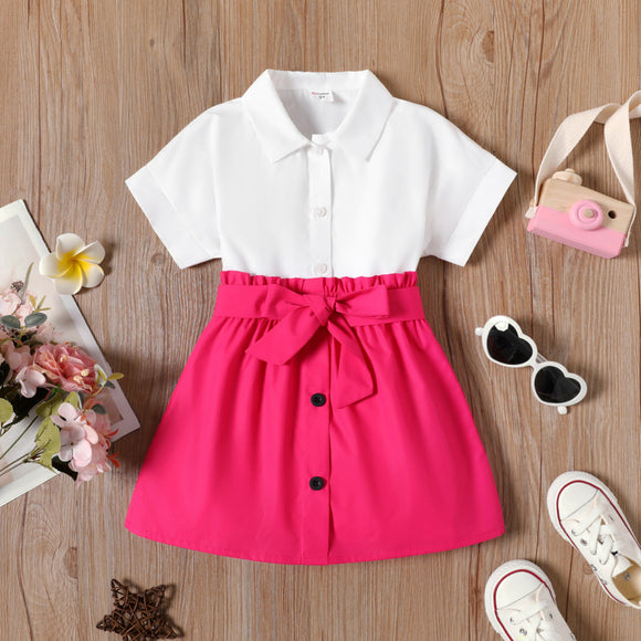 2pcs Toddler Girl Solid Lapel Collar Short-sleeve White Shirt Blouse and Solid Bow Decor Pink Skirt Set