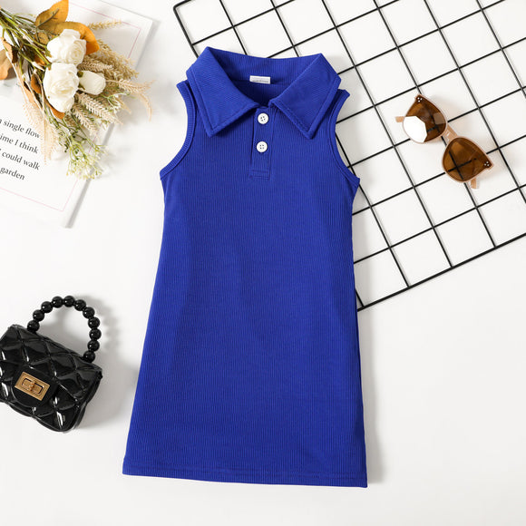 Toddler Girl Lapel Collar Button Design Sleeveless Ribbed Royal Blue Dress