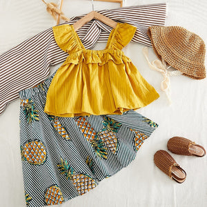 2pcs Toddler Girl 100% Cotton Ruffled Yellow Camisole and Pineapple Stripe Skirt Set