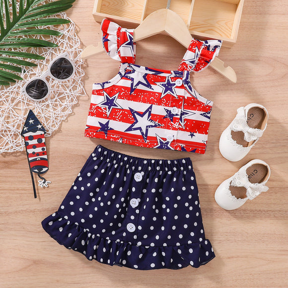 Toddler Girl 2pcs Independence Day Striped Star Allover Flutter-sleeve Top and Polka Dots Print Skirt Set