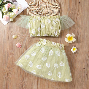 2pcs Toddler Girl 100% Cotton Off Shoulder Seashell Print Mesh Design Tube Top and Green Skirt Set