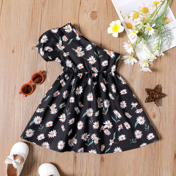 Toddler Girl Floral Print One Shoulder Short-sleeve Dress