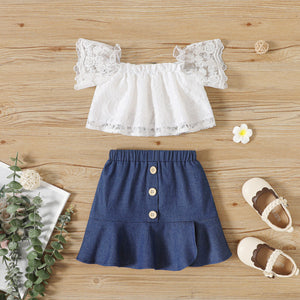 2pcs Toddler Girl Lace Design Ruffled Off Shoulder White Blouse and Button Design Denim Skirt Set