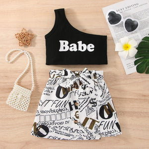 2pcs Toddler Girl Letter Print One Shoulder Black Tank Top and Allover Belted Print Skirt Set