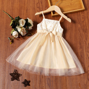 Toddler Girl Lace Design Belted Mesh Splice Slip Dress