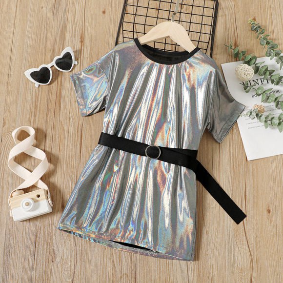 Toddler Girl Belted Metallic Laser Silver Short-sleeve Dress