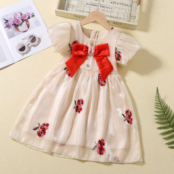 Toddler Girl Floral Embroidered Button Bowknot Design Mesh Short-sleeve Dress