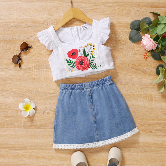 2pcs Toddler Girl Floral Print Square Neck Flutter-sleeve White Tee and Lace Design Denim Skirt Set