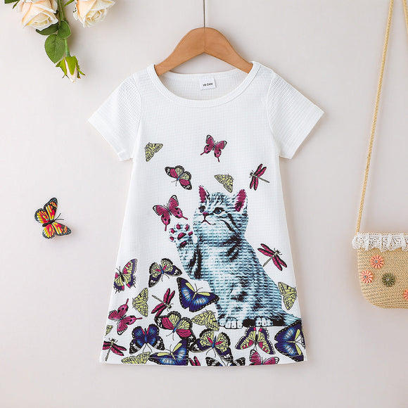 Toddler Girl Cat Butterfly Print Short-sleeve White Tee Dress