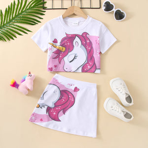 2pcs Toddler Girl 100% Cotton Unicorn Print Short-sleeve Tee and Skirt Set