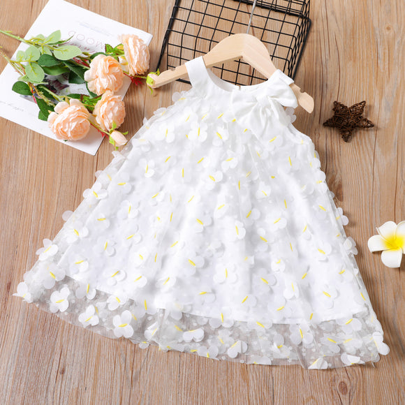 Toddler Girl 3d Butterfly Design Bowknot Design Mesh Princess White Sleeveless Dress