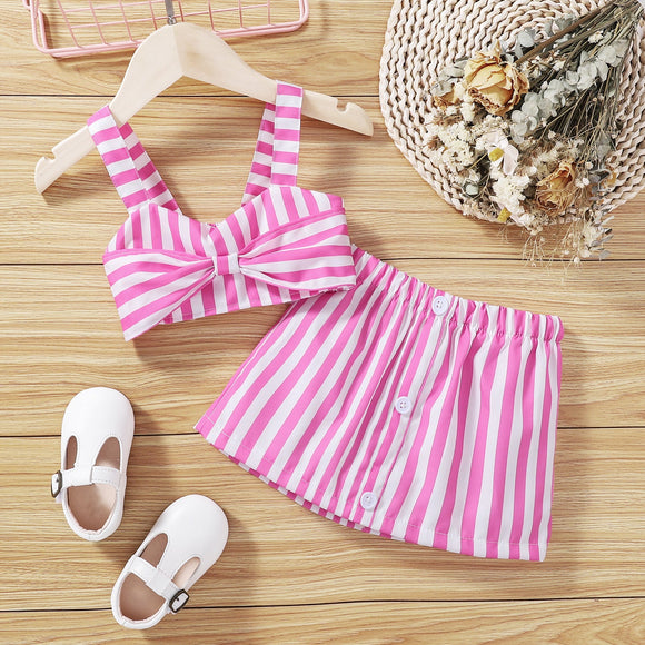 2pcs Toddler Girl Pink Stripe Bowknot Design Camisole and Button Design Skirt Set