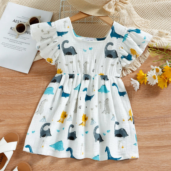 Toddler Girl Animal Dinosaur Print Flutter-sleeve Crepe Dress