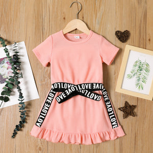 2pcs Toddler Girl Letter Print Crisscross Waffle Short-sleeve Pink Tee and Ruffle Skirt Set