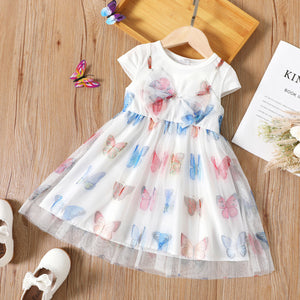 Toddler Girl Butterfly Print Mesh Bowknot Design Short-sleeve Dress