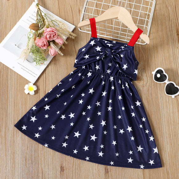 Independence Day Toddler Girl Stars Print Bowknot Design Slip Dress