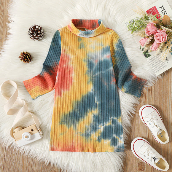 Toddler Girl Tie Dyed Mock Neck Long-sleeve Cotton Dress