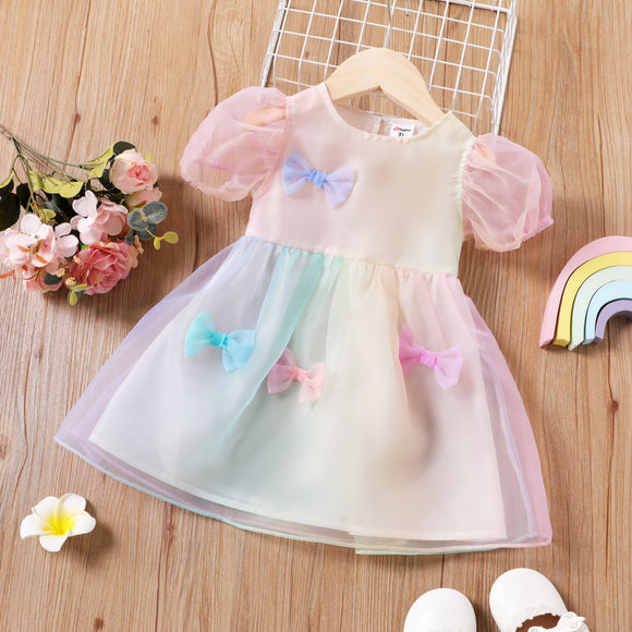 Toddler Girl Bowknot Design Gradient Color Mesh Puff-sleeve Dress